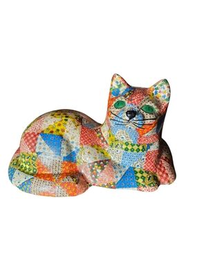 Vintage Multicolor Patchwork Cat Figurine